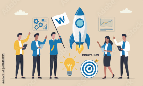Entrepreneurship launch innovation product, startup or start new company, business people holding winner flag, rocket ship, lightbulb idea and target plan