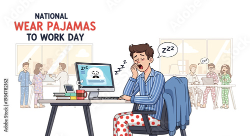 A drowsy man in pajamas sits at a desk, yawning with a 'zzz' thought bubble, in a vector illustration celebrating National Wear Pajamas to Work Day against a bright office background