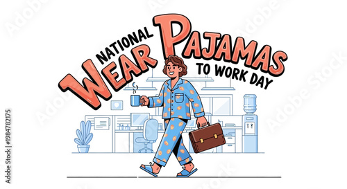 A pajama-clad person walks to work with a briefcase and coffee cup in a vector illustration celebrating National Wear Pajamas to Work Day against a stylized office background