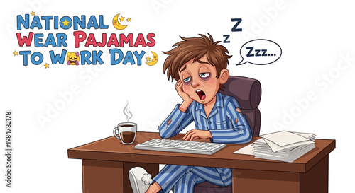 Illustration showcasing a tired man in pajamas working at a desk against a white background, emphasizing the humorous business concept of 'National Wear Pajamas to Work Day' with a casual