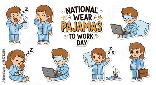 Isolated cartoon illustration depicting National Wear Pajamas to Work Day, showcasing various characters in blue sleepwear with humorous workplace scenarios, set against a clean white