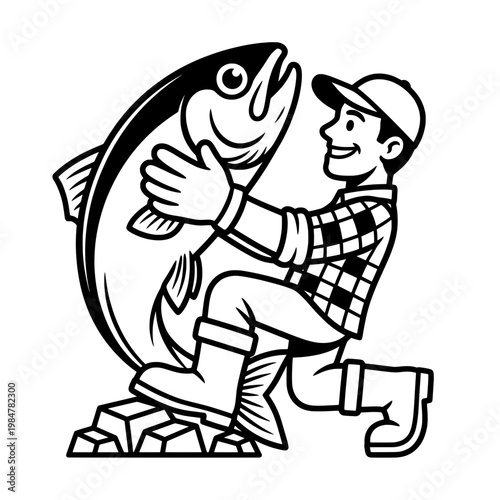 fisherman hugging large fish line drawing illustration vector clipart black and white