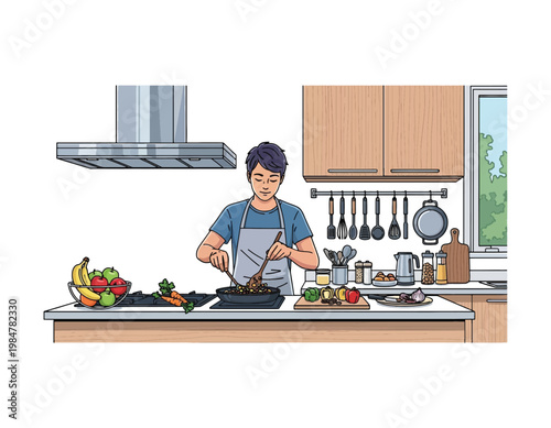 Illustration of a man cooking in a well-equipped kitchen, preparing a meal with fresh ingredients, featuring a stove, cabinets, and cooking utensils in a vibrant home setting