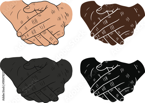 Set of four stylized gloves in brown tan black and white geometric patterns isolated on white background