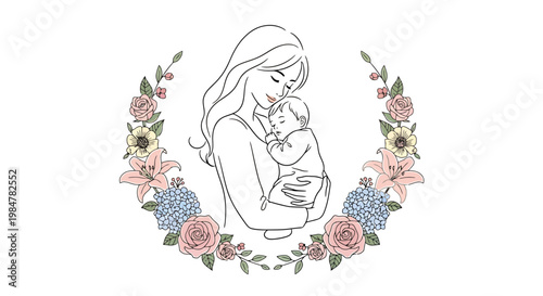 Tender embrace of a mother holding her peaceful sleeping infant child encircled by a beautiful botanical wreath adorned with delicate blooming flowers and foliage conveying warmth and nurturing