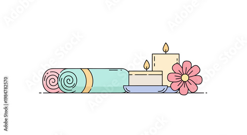 Relaxation and wellness scene featuring rolled towels lit candles and a blooming flower suggesting a serene spa atmosphere for promoting health and tranquility