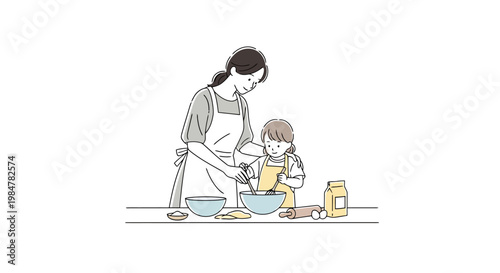 A nurturing parent and child joyfully engage in culinary creation together mixing ingredients in bowls and preparing food for baking delicious treats in a warm familial kitchen setting fostering