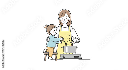 A nurturing parent and child share a joyful moment together in the kitchen preparing a delicious meal on a stovetop with care and learning opportunities for the little one