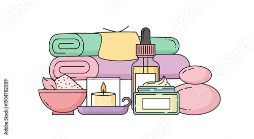 Wellness assortment featuring rolled spa towels essential oil dropper bottle skincare cream jar burning candle light and a bowl of bath salts for relaxation and self care rituals serene
