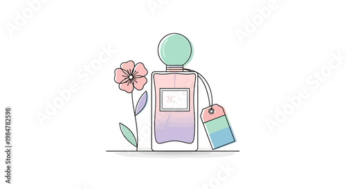 Delicate fragrance bottle with blooming flower and decorative tag symbolizing personal aroma and luxury scent for beauty and cosmetic promotion offering a refreshing and aromatic experience for