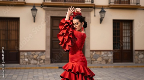 Graceful Flamenco Dancer in Red Dress Posing Outdoors in Square