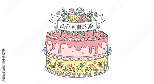 Festive two tier cake adorned with cheerful decorations and flowers announcing a special celebration for mothers perfect for invitations and festive cards conveying warmth and joy for a beloved