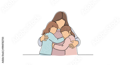 Authentic moment of loving mother embracing her two children with arms wrapped around them conveying warmth and affection in a tender gesture of family bonding and unconditional support