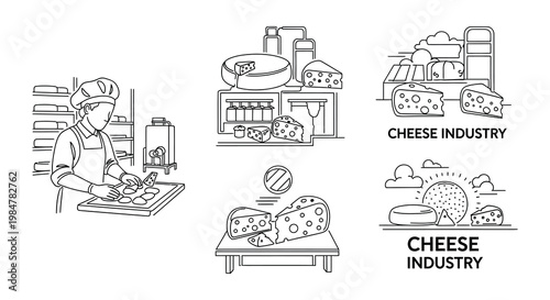 Line art illustration depicting various stages of cheese production and retail