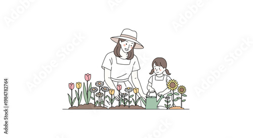 Joyful mother and child tending to vibrant garden flowers teaching horticulture lessons and sharing quality family time outdoors enjoying nature and cultivating plants together during a sunny