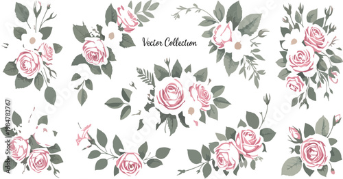 Elegant floral branch set with pink roses and green leaves, romantic wedding flowers arrangement for invitation cards and decorative vector design