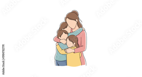 Warm embrace of a loving mother holding her two young children close expressing affection and care with gentle gestures representing family bonding and childhood memories in a tender connection