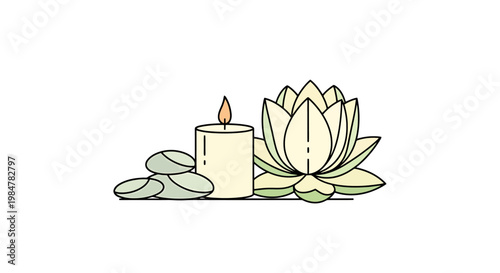Aromatherapy relaxation scene featuring a lit candle and a blooming lotus flower beside smooth stones signifying tranquility and peaceful wellness treatments for a serene spa experience and