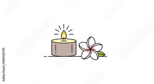 A lit candle with a blooming flower beside it evoking feelings of serenity and peacefulness perfect for wellness and relaxation themes suggesting a calming spa ambiance and mindful moments for a