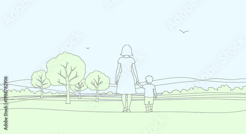A nurturer and a young person together walking in a lush green meadow with trees and rolling hills under a peaceful sky conveying family bond and outdoor contentment during daytime