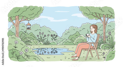 A serene lady enjoys a warm beverage while relaxing in a lush green garden surrounded by abundant greenery and blooming flowers beside a tranquil pond reflecting the pleasant sky