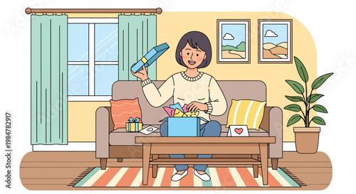 Joyful woman receives a delightful surprise gift box filled with presents expressing happiness while sitting comfortably on a sofa at home celebrating a special occasion with thoughtful presents