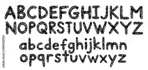 Hand Drawn Sketchy Alphabet Font - Black Uppercase and Lowercase Letters A to Z Complete Set on White Background
