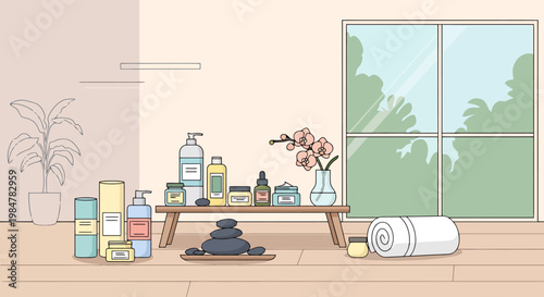 Tranquil spa setting arranged with wellness products and natural elements like plants and stones promoting relaxation and self care amidst an inviting interior space with large windows