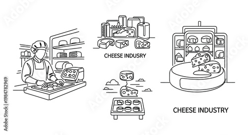 Line art illustration depicting various stages of cheese production and retail