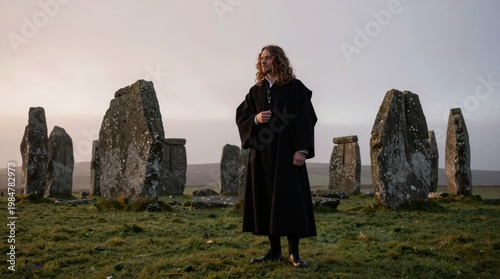 Individual Standing Among Ancient Stones at Sunrise in Scotland