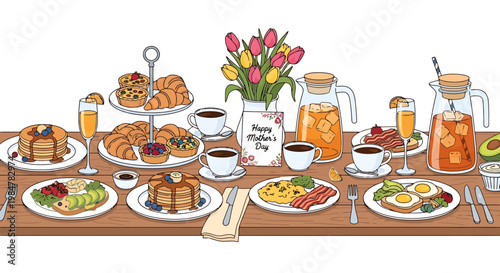 Abundant and Delicious Breakfast Spread Featuring Pancakes Croissants Coffee Orange Juice and Fresh Fruit Presented on a Wooden Table with Tulips for a Celebratory Meal Occasion