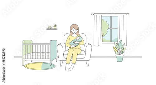 A nurturing mother rests in a comfortable chair holding her precious newborn baby surrounded by the warmth of a cozy nursery designed for peaceful new beginnings and family bonding moments with