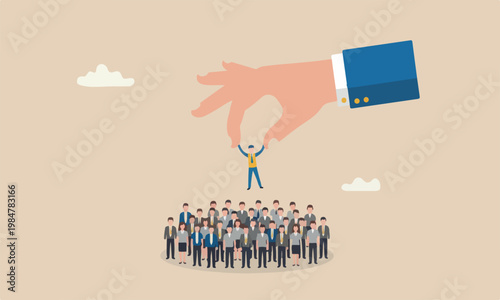 Choosing candidate, searching success people concept, giant businessman hand HR pick up winner from group of job candidate
