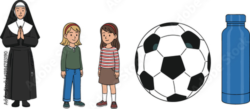 Catholic Nun Praying with Two School Girls, Soccer Football Ball and Blue Water Bottle Vector Illustration Set