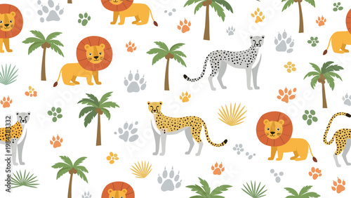 Vibrant safari theme seamless pattern with cute lions cheetahs palm trees and animal paw prints on white background.