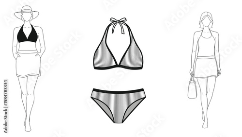 Line art fashion illustration showing two women in beachwear and a separate striped bikini set for summer apparel design.