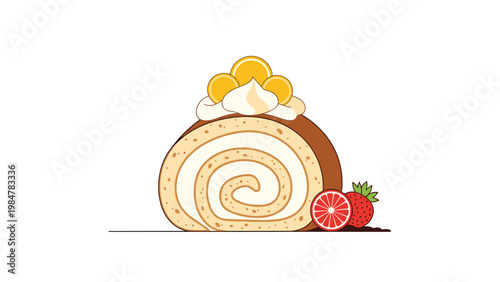 Delicious swiss roll cake with white cream filling topped with orange slices and served with fresh strawberries.
