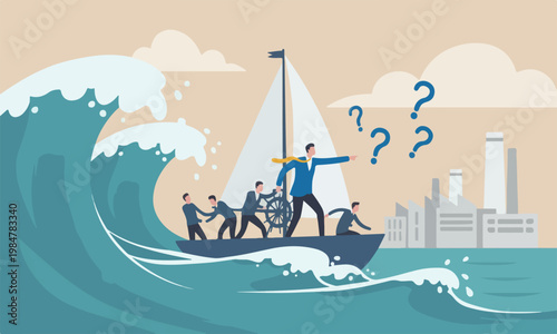 Courage, challenge Big industrial risk taker concept, businessman captain point finger to lead team sailing boat to survive big wave storm