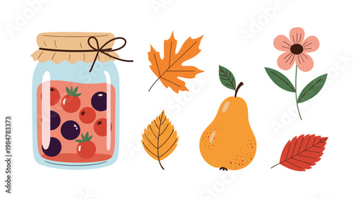 Seasonal autumn collection including a glass jar of fruit preserves a yellow pear a pink flower and colorful fallen leaves.