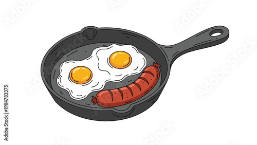 Hot breakfast of two fried eggs and a grilled sausage served in a black cast iron skillet for a hearty start to the day.