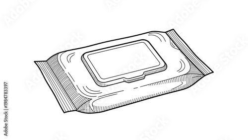 Minimalist line art drawing of a package of wet wipes or facial tissues with a plastic flip top lid on a plain background.