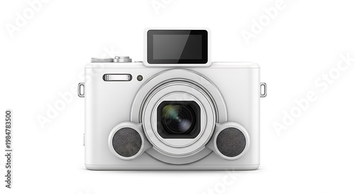 White camera with dual speakers and screen on front