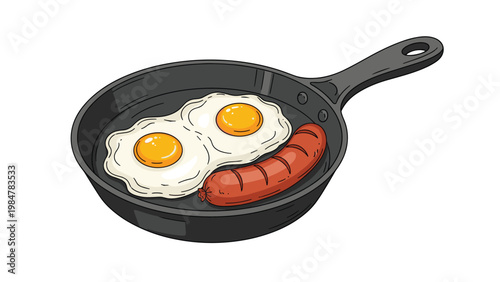 Top down view of a black cast iron frying pan containing two sunny side up eggs and a grilled breakfast sausage on white.