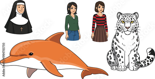 Cartoon Dolphin Sea Animal with Snow Leopard Wildlife Character, Catholic Nun and Young Women Characters Vector Illustration Set