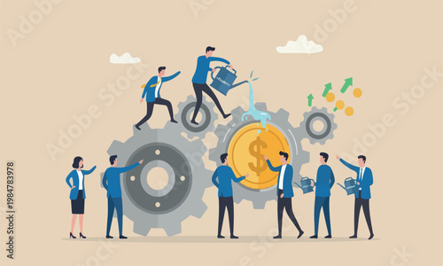 Financial, concept put lubricant oil on machine gear of opening money dollar coin