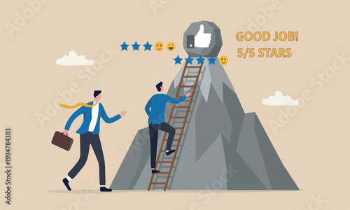 Success performance evaluation or review, good job, employee or customer satisfaction concept, businessman about to climb up ladder to reach thumb up achievement