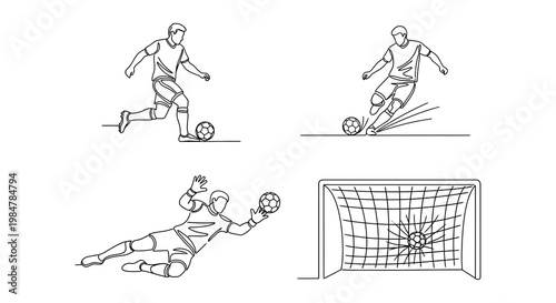 Line art illustration depicting soccer players in various action poses