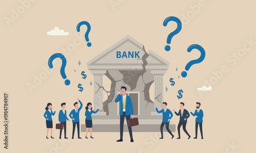 Banking bankruptcy teams together failure investment failure concept, frustrated businessman look at collapsing bank building