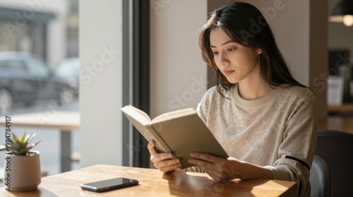 Woman Reading Book with Smartphone on Table in Cozy Cafe Setting