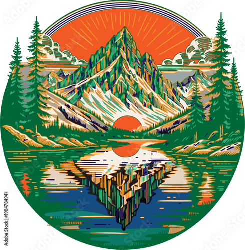 A vibrant circular illustration depicts a mountainous landscape with a lake reflecting the sunset and colorful bands above.